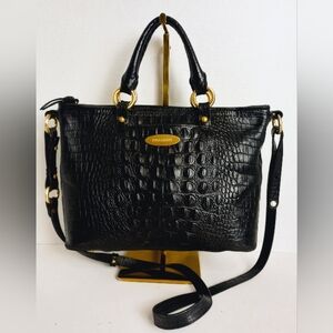 Brahmin Black Mini Alden Satchel W/ Crossbody Strap, Crocodile Embossed Leather